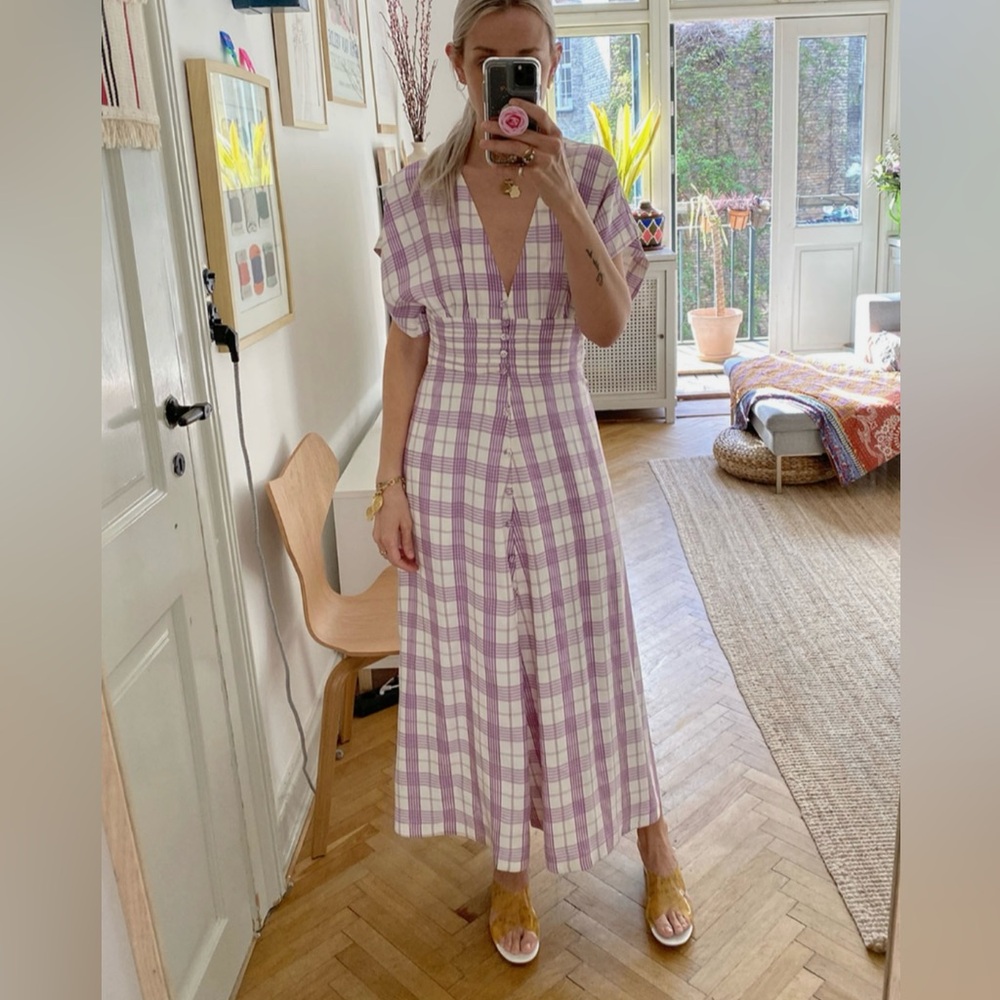 Lavender Gingham Midi Dress with Buttons